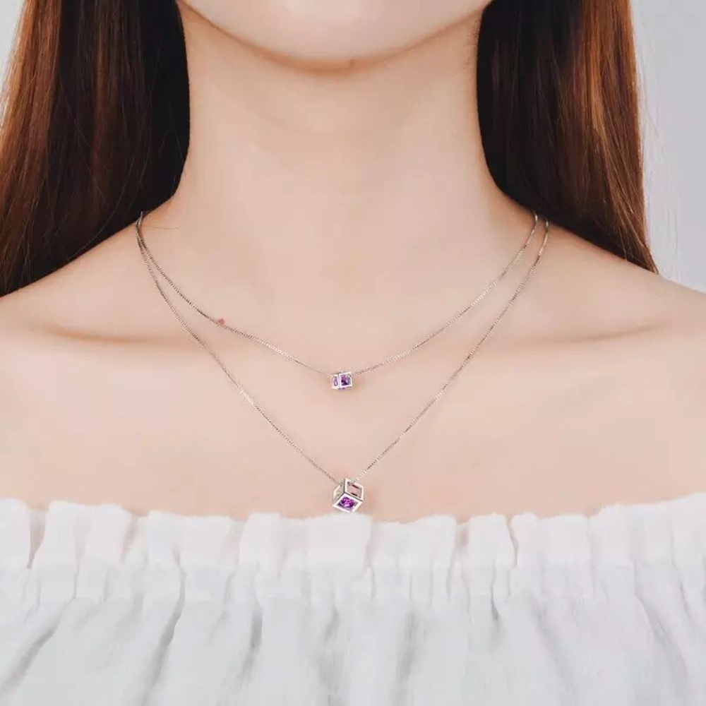 925 Sterling Silver double square Necklace - Picture 5 of 5